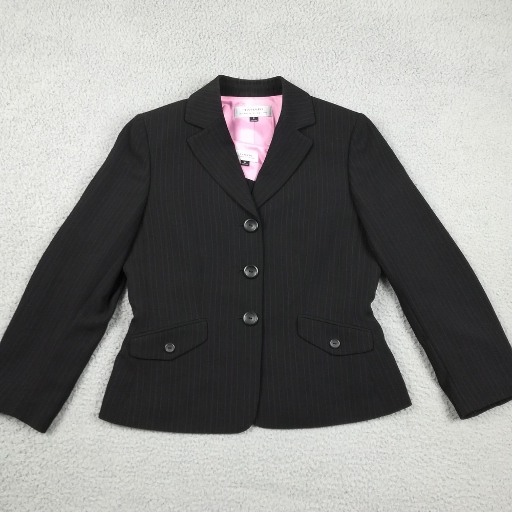 Tahari Womens Blazer Jacket Tank Set Black Pink Pinstripe 2 Piece Preppy 8